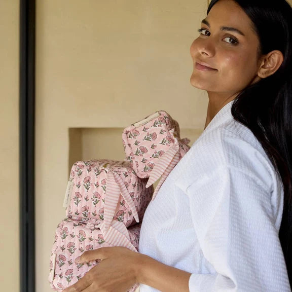 Paper Mirchi - Organic Cotton Block Printed Wash Bag - Pink Floral, Small