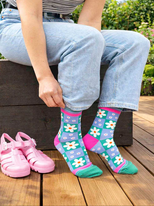 Sock Talk - Flower Checkerboard Bamboo Socks in Blue