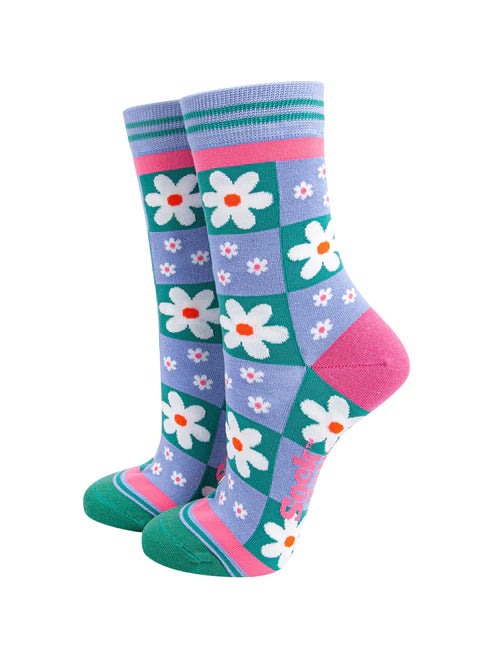 Sock Talk - Flower Checkerboard Bamboo Socks in Blue