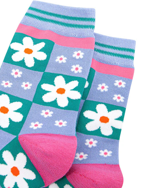 Sock Talk - Flower Checkerboard Bamboo Socks in Blue
