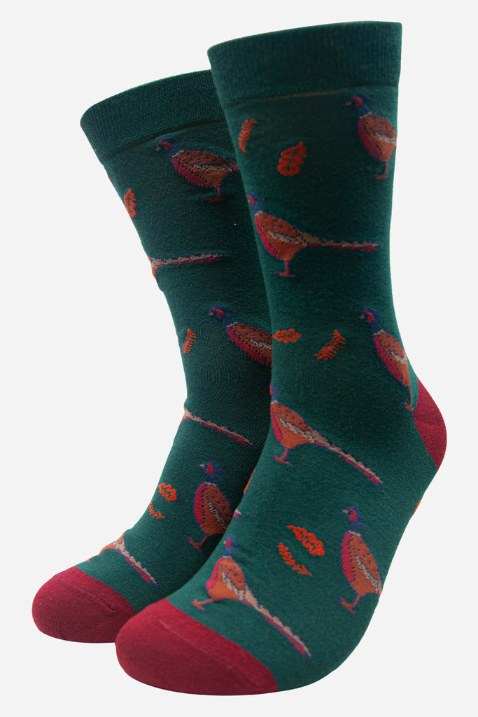 Sock Talk Men's Green  Pheasant Print Bamboo Socks