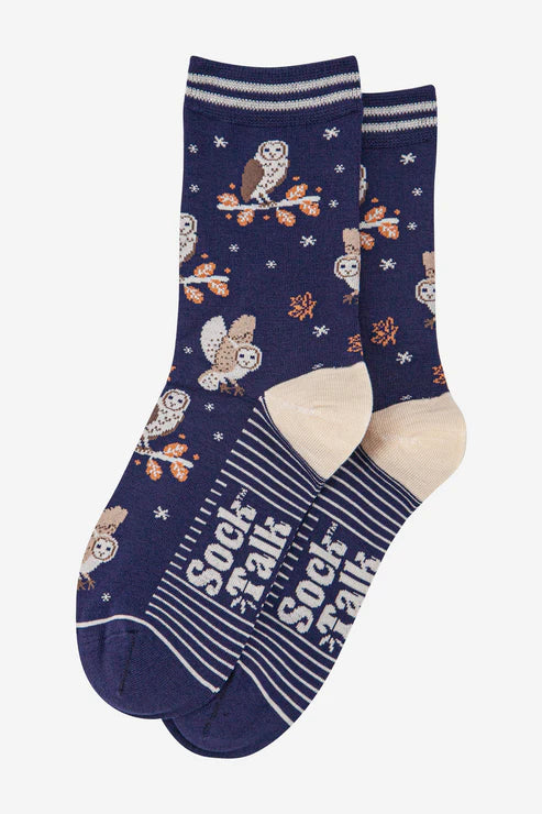 Women's Bamboo Socks - Navy Blue/Cream, Barn Owls