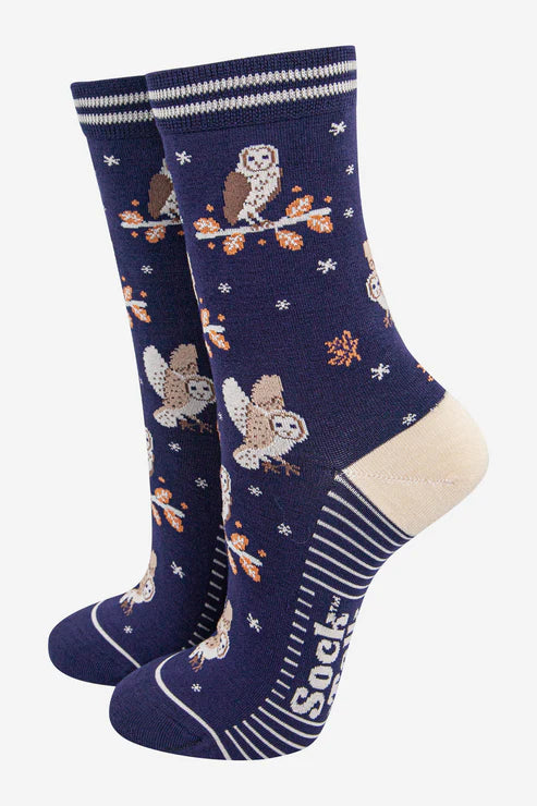 Women's Bamboo Socks - Navy Blue/Cream, Barn Owls