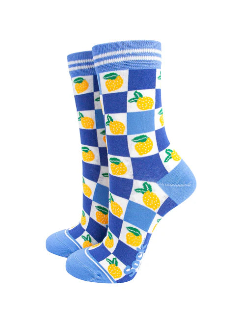 Sock Talk - Lemon Checkerboard Bamboo Socks in Blue