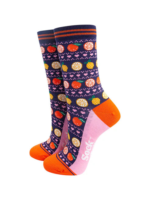 Sock Talk - Oranges & Lemons Bamboo Socks in Navy Blue