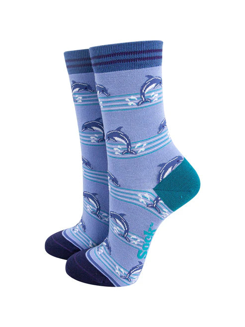 Sock Talk - Dolphins Striped Bamboo Socks in Blue