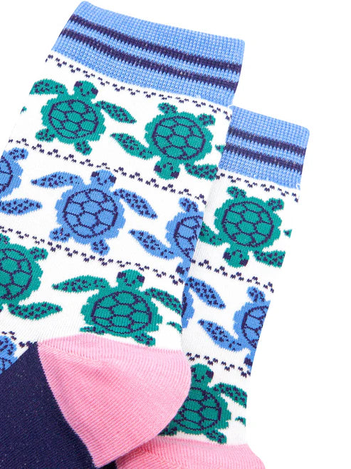 Sock Talk - Sea Turtle Bamboo Socks in White/Blue