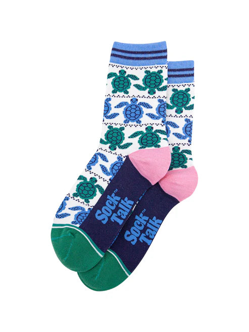 Sock Talk - Sea Turtle Bamboo Socks in White/Blue
