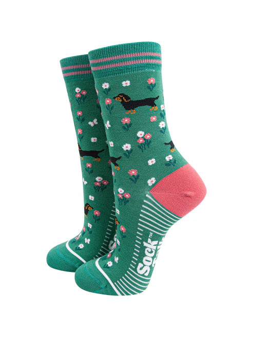 Sock Talk - Sausage Dog Floral Bamboo Socks in Green