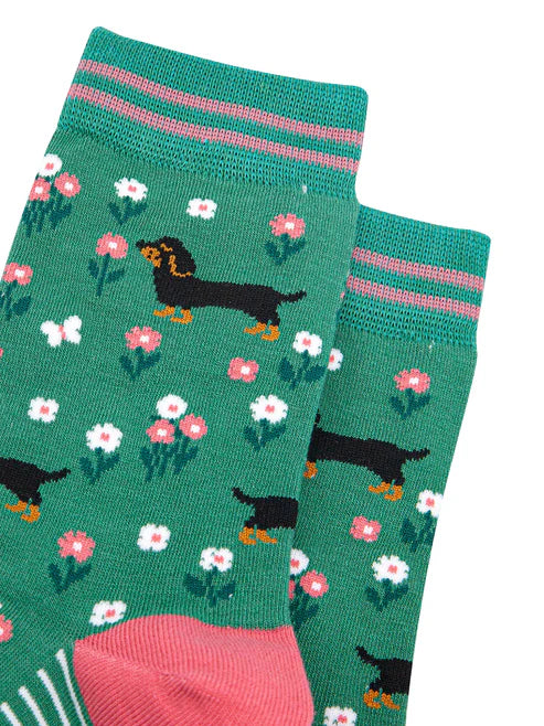 Sock Talk - Sausage Dog Floral Bamboo Socks in Green