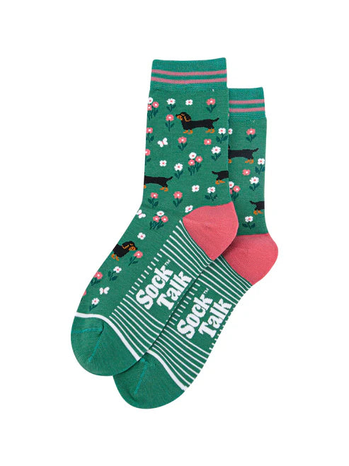 Sock Talk - Sausage Dog Floral Bamboo Socks in Green