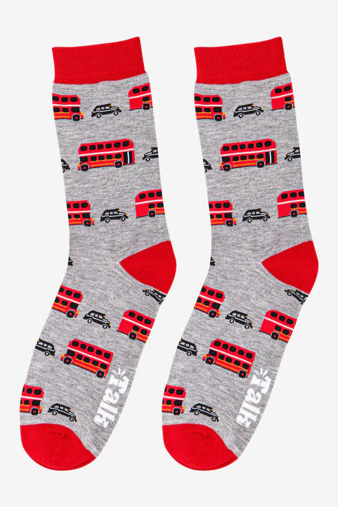 Sock Talk Men's Red Bus And Black Cab Print Bamboo Socks
