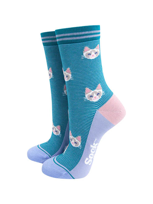 Sock Talk - Cats Striped Bamboo Socks in Teal