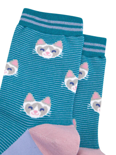 Sock Talk - Cats Striped Bamboo Socks in Teal