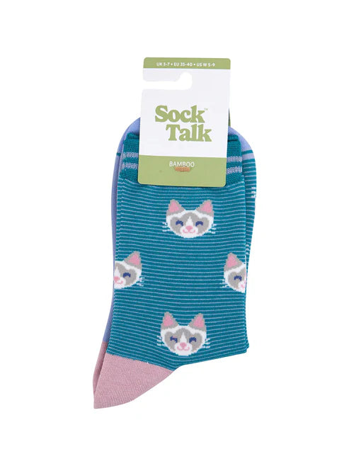 Sock Talk - Cats Striped Bamboo Socks in Teal