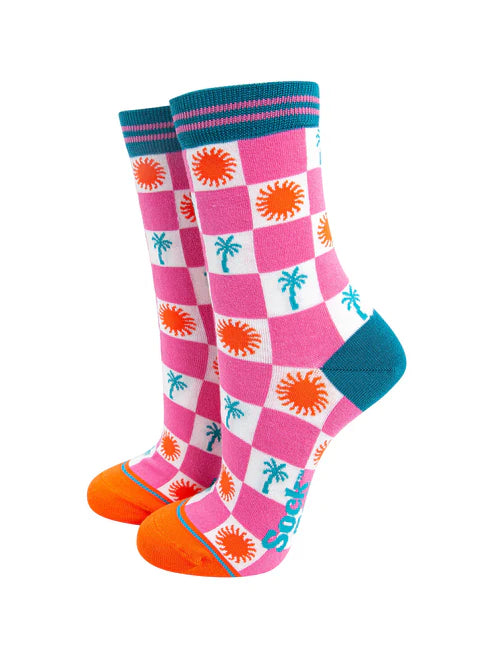 Sock Talk - Palm Tree Sun Checkerboard Bamboo Socks in Pink