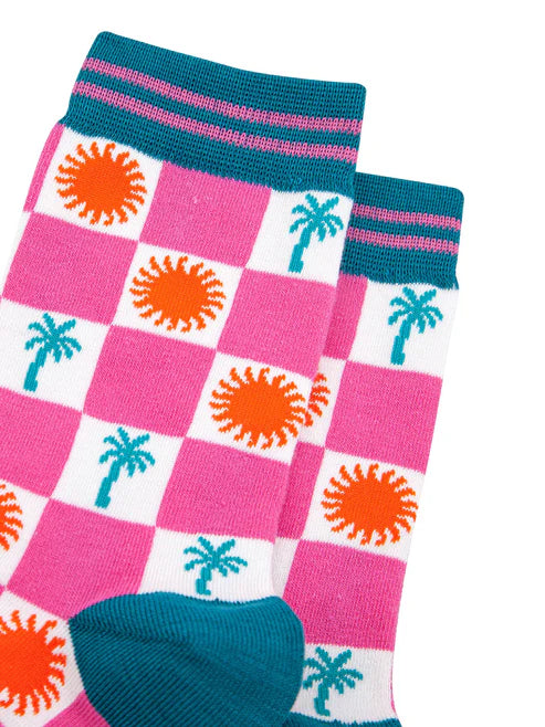 Sock Talk - Palm Tree Sun Checkerboard Bamboo Socks in Pink