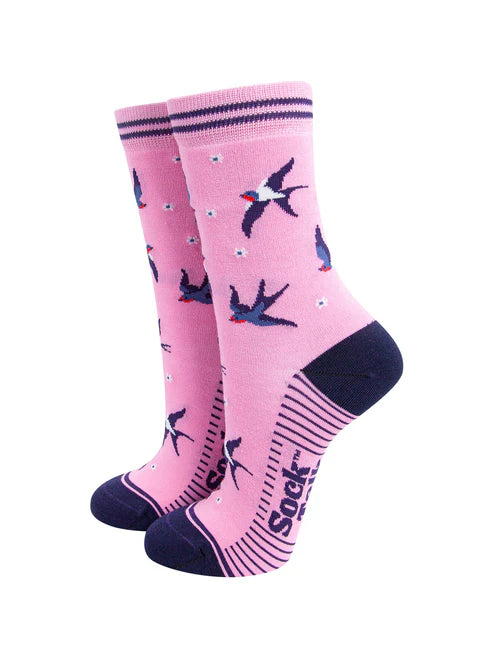 Sock Talk - Blue Swallow Bird Bamboo Socks in Pink