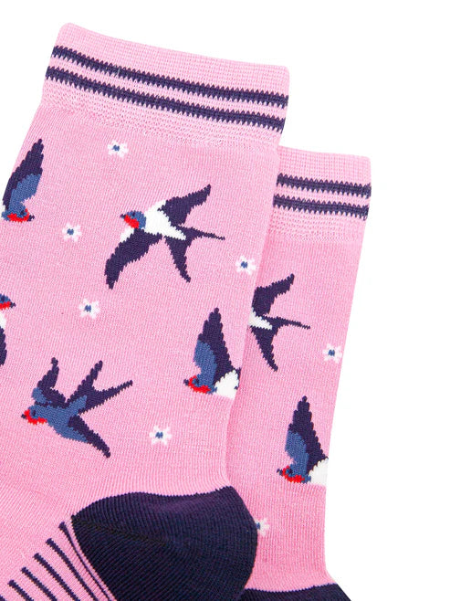 Sock Talk - Blue Swallow Bird Bamboo Socks in Pink