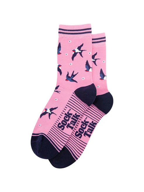 Sock Talk - Blue Swallow Bird Bamboo Socks in Pink