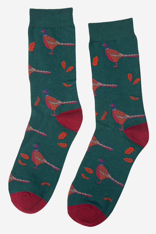 Sock Talk Men's Green  Pheasant Print Bamboo Socks
