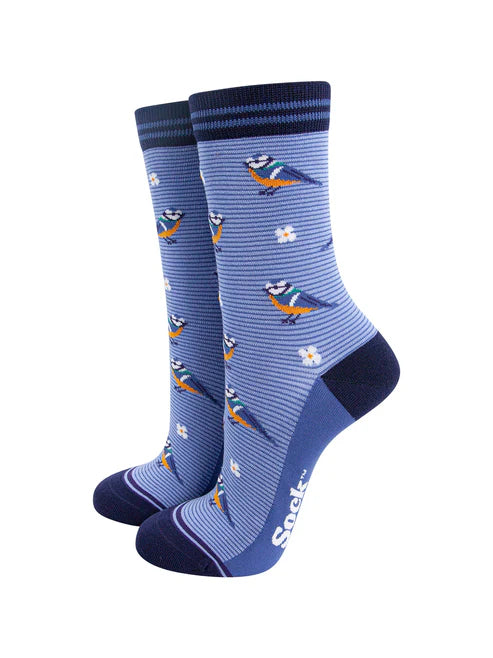 Sock Talk - Blue Tit Floral Bamboo Socks in Blue