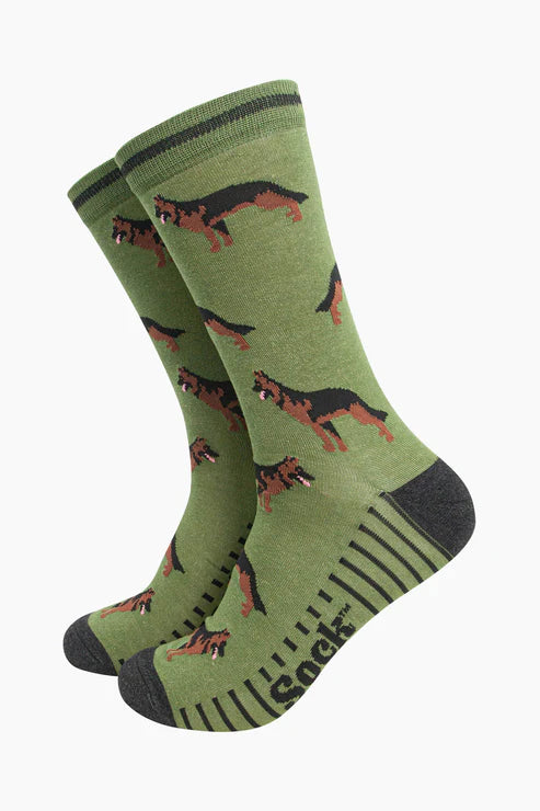 Sock Talk Men's Alsatian German Shepherd Bamboo Socks - Olive