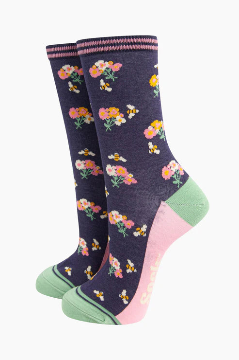 Sock Talk Women's Flowers & Bees Bamboo Socks - Navy