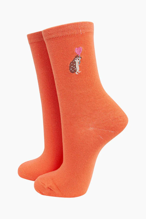 Sock Talk Women's Embroidered Hedge Hog Socks - Orange