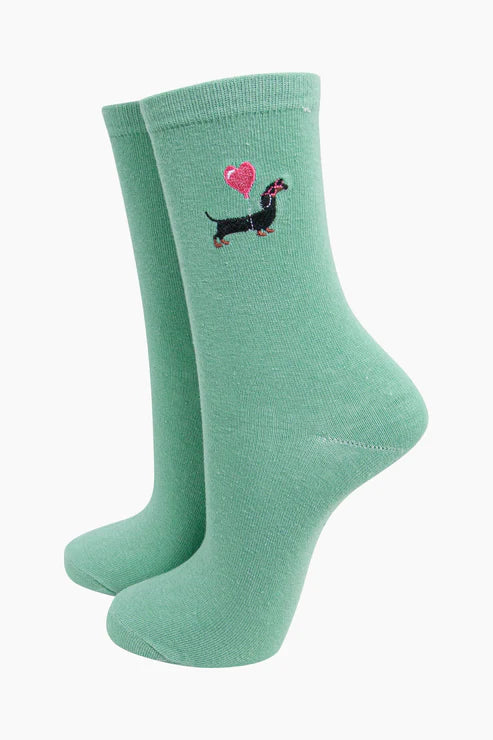 Sock Talk Women's Embroidered Sausage Dog Socks - Mint