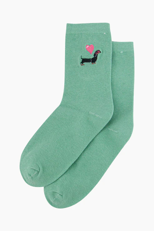 Sock Talk Women's Embroidered Sausage Dog Socks - Mint
