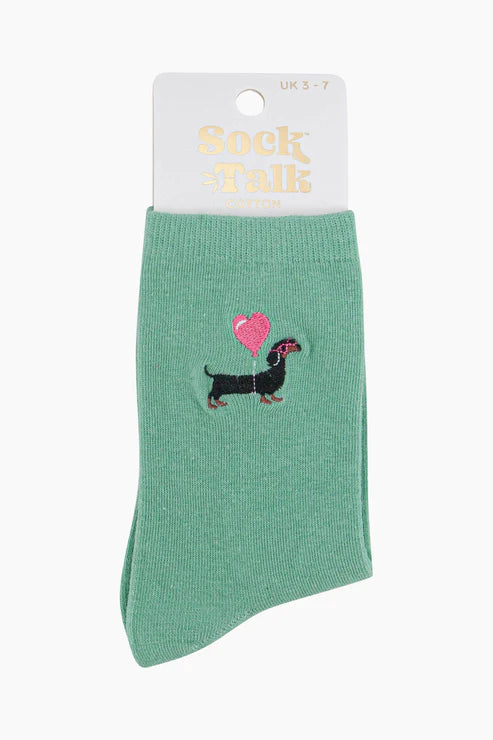 Sock Talk Women's Embroidered Sausage Dog Socks - Mint