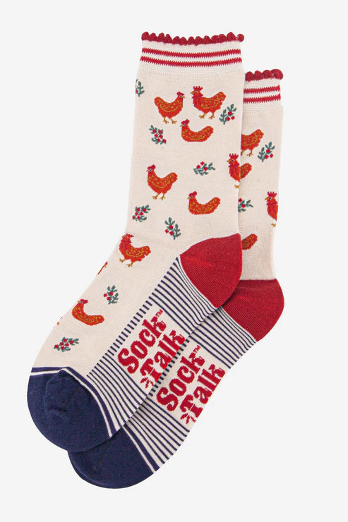 Women's Bamboo Socks - Cream/Red, Festive Hen