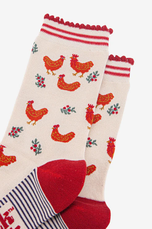 Women's Bamboo Socks - Cream/Red, Festive Hen