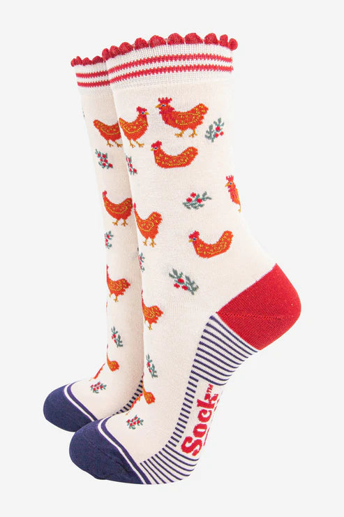 Women's Bamboo Socks - Cream/Red, Festive Hen