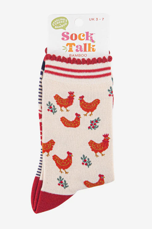 Women's Bamboo Socks - Cream/Red, Festive Hen