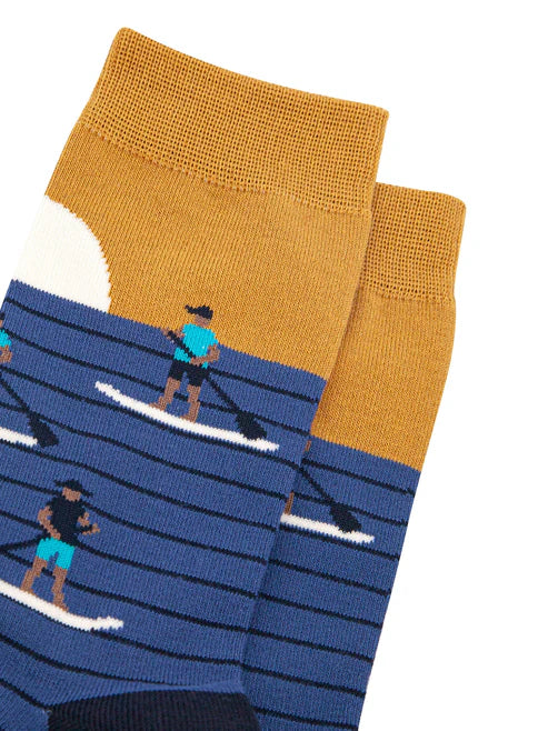 Sock Talk Men's Sunset Paddle Boarding Bamboo Socks in Blue