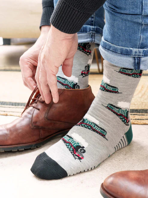 Sock Talk Men's Steam Trains Bamboo Socks in Light Grey