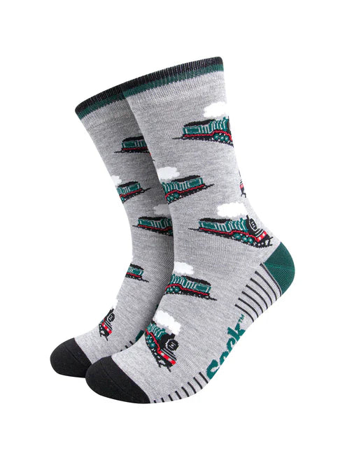 Sock Talk Men's Steam Trains Bamboo Socks in Light Grey