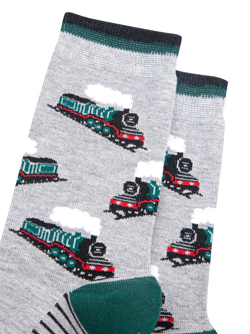 Sock Talk Men's Steam Trains Bamboo Socks in Light Grey