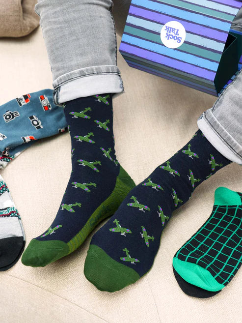 Sock Talk Men's Vintage Airplanes Bamboo Socks in Navy Blue