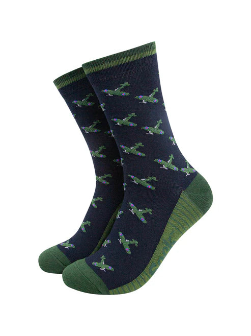 Sock Talk Men's Vintage Airplanes Bamboo Socks in Navy Blue