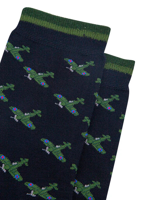 Sock Talk Men's Vintage Airplanes Bamboo Socks in Navy Blue