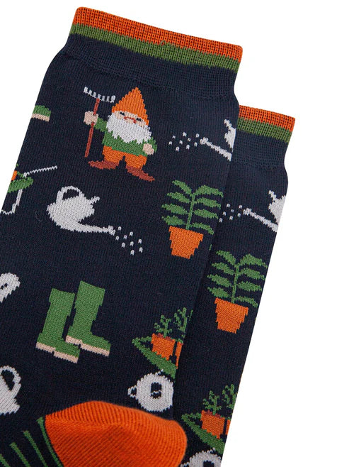 Sock Talk Men's Garden Gnomes Bamboo Socks in Navy Blue