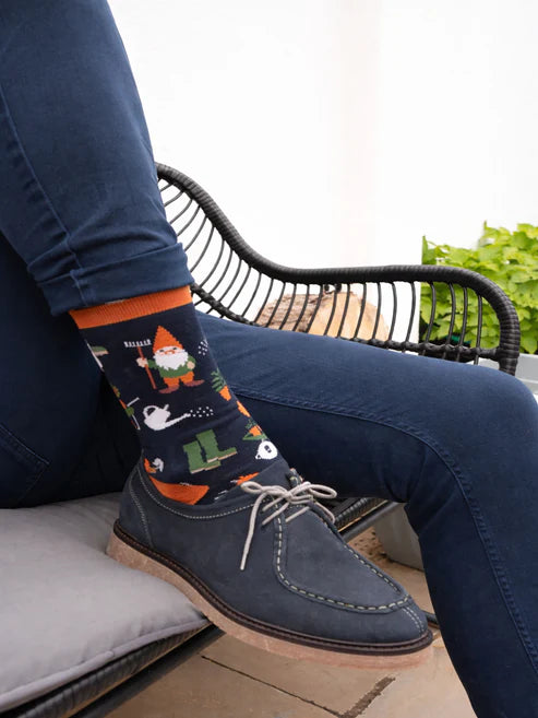 Sock Talk Men's Garden Gnomes Bamboo Socks in Navy Blue