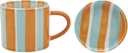 Lesser & Pavey - Hand Painted Ceramics Stoneware Stripes Mug & Coaster 360ml Green & Orange