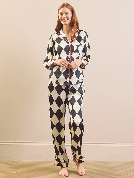 Their Nibs - Liquorice Harlequin Check Satin Traditional Pyjama Set
