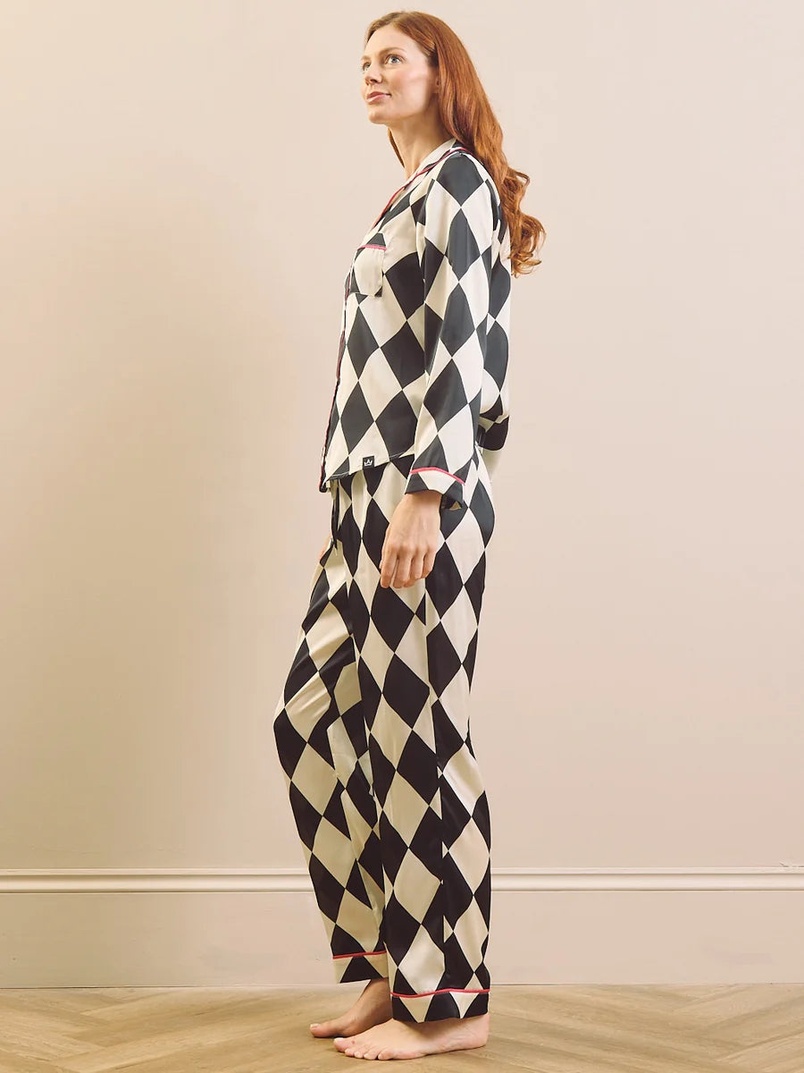 Their Nibs - Liquorice Harlequin Check Satin Traditional Pyjama Set