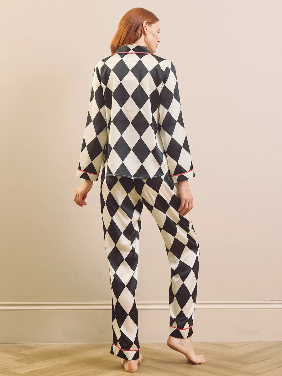 Their Nibs - Liquorice Harlequin Check Satin Traditional Pyjama Set