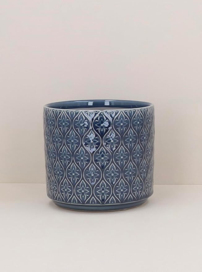Gisela Graham - Navy Blue Plant Pot, Glazed Trellis Geometric Flower Pattern